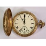 WALTHAM USA 9CT GOLD CASED FULL HUNTER POCKET WATCH - the cream dial marked 'Waltham USA', set