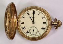 WALTHAM USA 9CT GOLD CASED FULL HUNTER POCKET WATCH - the cream dial marked 'Waltham USA', set