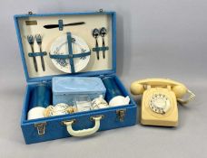 VINTAGE 'COUNTRYMAN' SPECIALLY MADE FOR BOOTS PICNIC BOX & CONTENTS and a retro dial up telephone