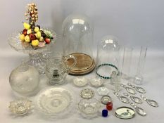 GLASSWARE ASSORTMENT - display dome with wooden base, 36cms tall, etched shade, heavy cake tazza,