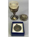 SILVER COMMUNION SET - London 1939, Maker A R Mowbray & Co Ltd and a white metal medallion for the