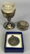 SILVER COMMUNION SET - London 1939, Maker A R Mowbray & Co Ltd and a white metal medallion for the
