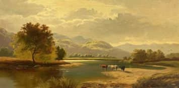 OIL ON CANVAS - cattle by lakeside with mountains and clouded sky to the background, unsigned, 29