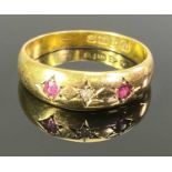 CHESTER 18CT GOLD GYPSY SET DIAMOND & RUBY 3 STONE RING - star set central diamond, 0.02cts and