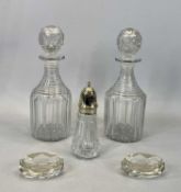 GLASS DECANTERS, A PAIR - 19th century, of mallet form with ring necks and stoppers, 30cms H, cut