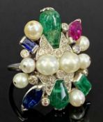VINTAGE MULTI GEM SET LADY'S COCKTAIL RING - unmarked white metal mounted with various shape
