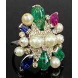 VINTAGE MULTI GEM SET LADY'S COCKTAIL RING - unmarked white metal mounted with various shape