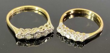 18CT GOLD & PLATINUM DIAMOND RINGS (2) - both having inline rows of five small diamonds, the first