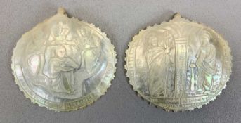 CARVED MOTHER OF PEARL PLAQUES (2) - 19th century carved with religious images and script, approx 14