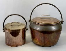 LARGE VICTORIAN CIRCULAR COPPER CAULDRON & COVER with iron swing handle, 36cms H, 44cms diameter and