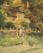 EDWARD SMITH watercolour - a thatch roofed cottage scene with a dog and girl by the gate, signed, 38