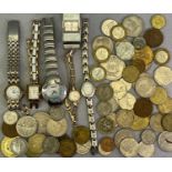 9CT GOLD & OTHER LADY'S WRISTWATCHES along with a small collection of world coins, the gold