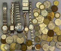 9CT GOLD & OTHER LADY'S WRISTWATCHES along with a small collection of world coins, the gold