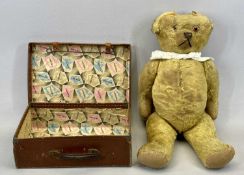VINTAGE TEDDY BEAR - early 20th century, with photographs, 58cms L and a vintage small leather