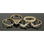 9CT GOLD DRESS RINGS (4) and an unmarked eternity ring, all having white and colourful paste