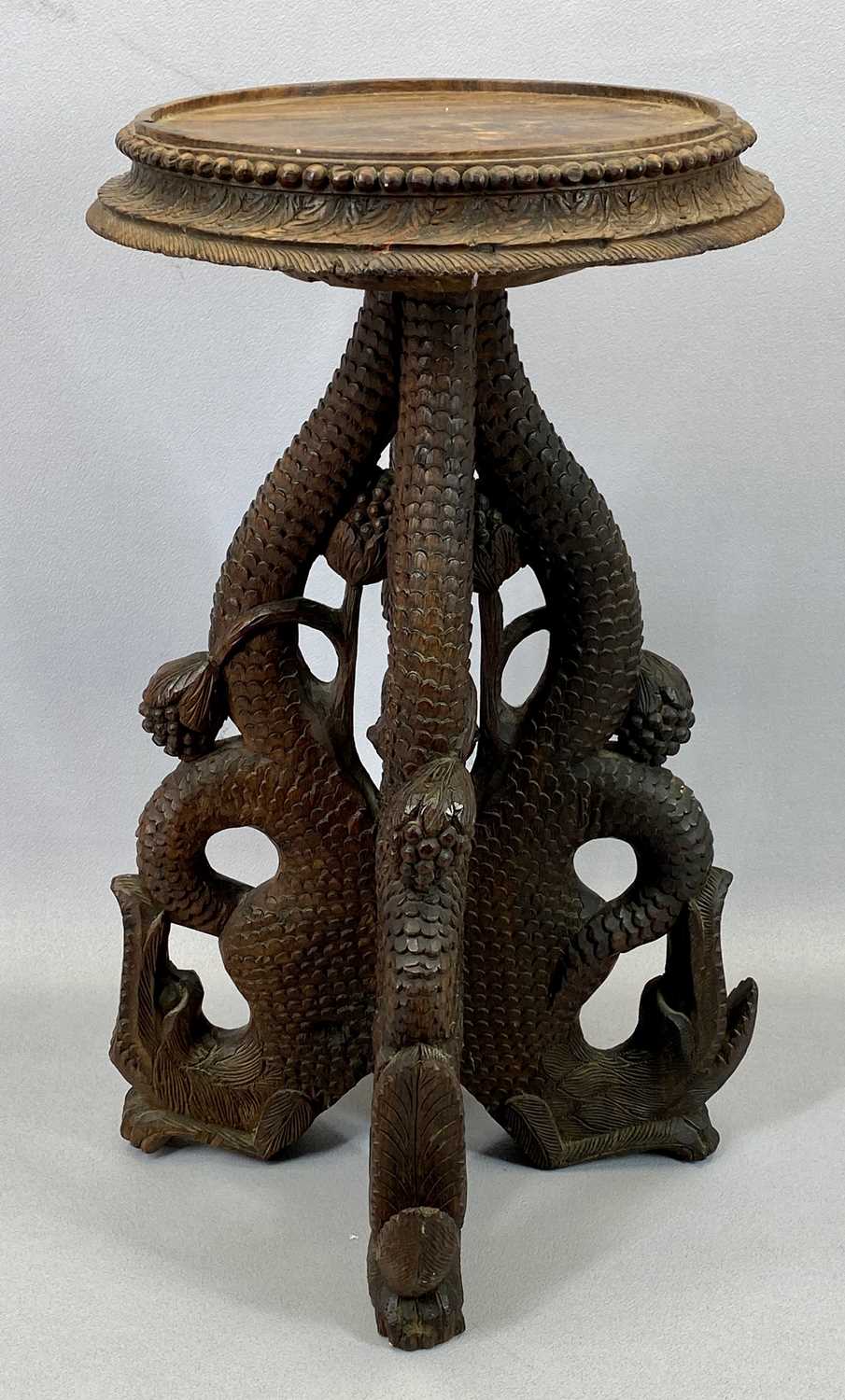 EASTERN HARDWOOD CARVED FISH TRIPOD TABLE, 52cms tall, a pair of open twist treen candlesticks, - Image 2 of 5