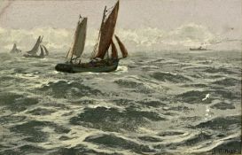J AITKEN watercolour - boating scene in choppy seas, signed, 13 x 20cms