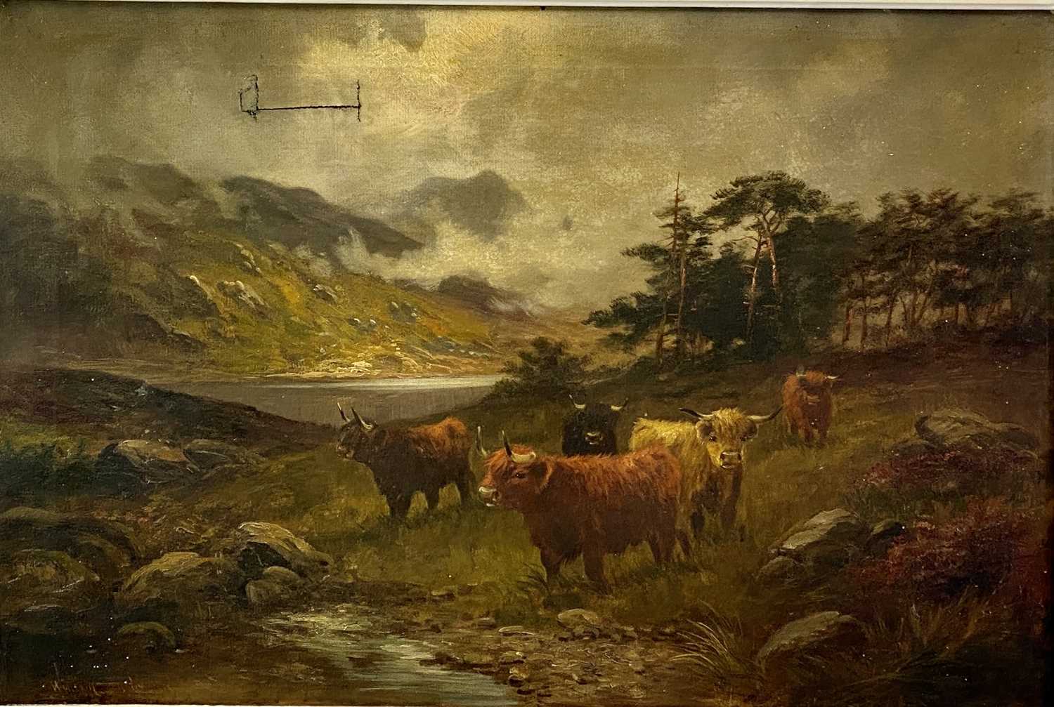WILLIAM ?????? indistinctly signed oil on canvas - highland cattle at water's edge and dramatic