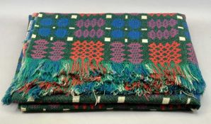 TRADITIONAL WELSH WOOLLEN BLANKET - in reds, blues and greens with tasselled ends Size, 230 x