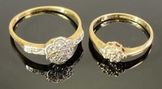 FLOWER HEAD CLUSTER DIAMOND RINGS (2) - the larger stamped '18ct plat' having nine small diamonds