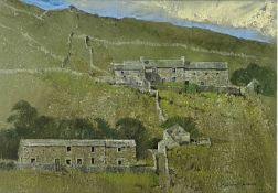 MALCOLM EDWARDS mixed media - rural buildings on a hillside, signed, 34 x 49cms