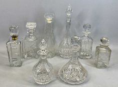 CUT GLASS DECANTERS, A COLLECTION - three square, 26cms H the largest, ships, 28.5cms H, conical