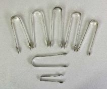 GEORGIAN SILVER SUGAR TONGS, 6 PAIRS PLUS ONE EPNS EXAMPLE - bright cut, plain and decorative