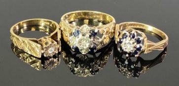 9CT GOLD RAISED SHOULDER DRESS RINGS (3) - one having a solitaire diamond in a floral illusion