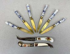 MEISSEN STYLE BLUE ONION HANDLED KNIVES, A SET OF 6, Royal Crown Derby 1128 pattern cake knife and a