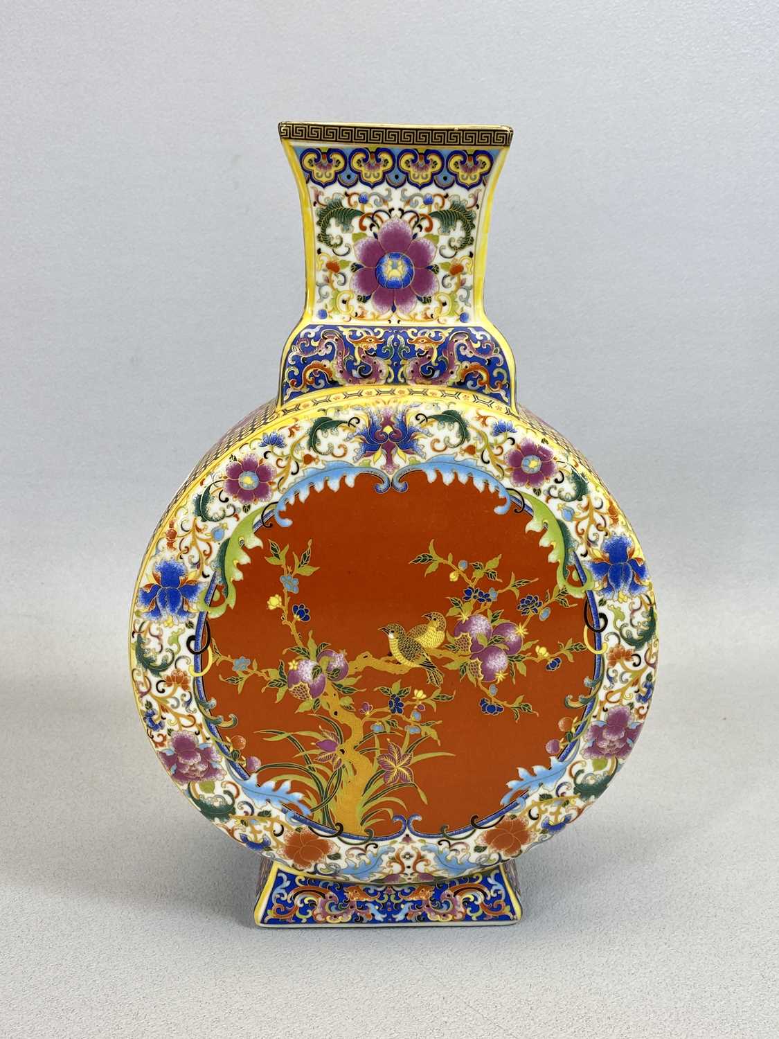 CHINESE PORCELAIN MOON FLASK VASES, A PAIR - 20th century, decorated enamels with central panels - Image 2 of 5