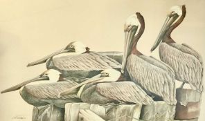 ART LAMAY LIMITED EDITION PRINT - large and impressive depiction of five pelicans at rest, signed in