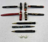 VINTAGE FOUNTAIN PENS, PROPELLING PENCILS and a pair of gilt metal and enamel earrings, the pens