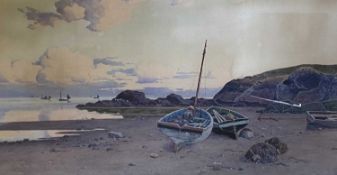JOHN McDOUGAL watercolour - fisherman and boats on Anglesey beach, signed, 53 x 99cms