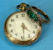 9CT GOLD GEM SET RING & A 14CT GOLD CASED LADY'S FOB WATCH - the ring having three central