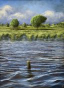 GERALD DEWSBURY RCA oil on canvas - a flooded countryside scene with submerged fence, initialled, 40