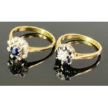 18CT GOLD DIAMOND & BLUE SAPPHIRE RINGS (2) - one having a central diamond with sapphire surround,