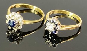 18CT GOLD DIAMOND & BLUE SAPPHIRE RINGS (2) - one having a central diamond with sapphire surround,