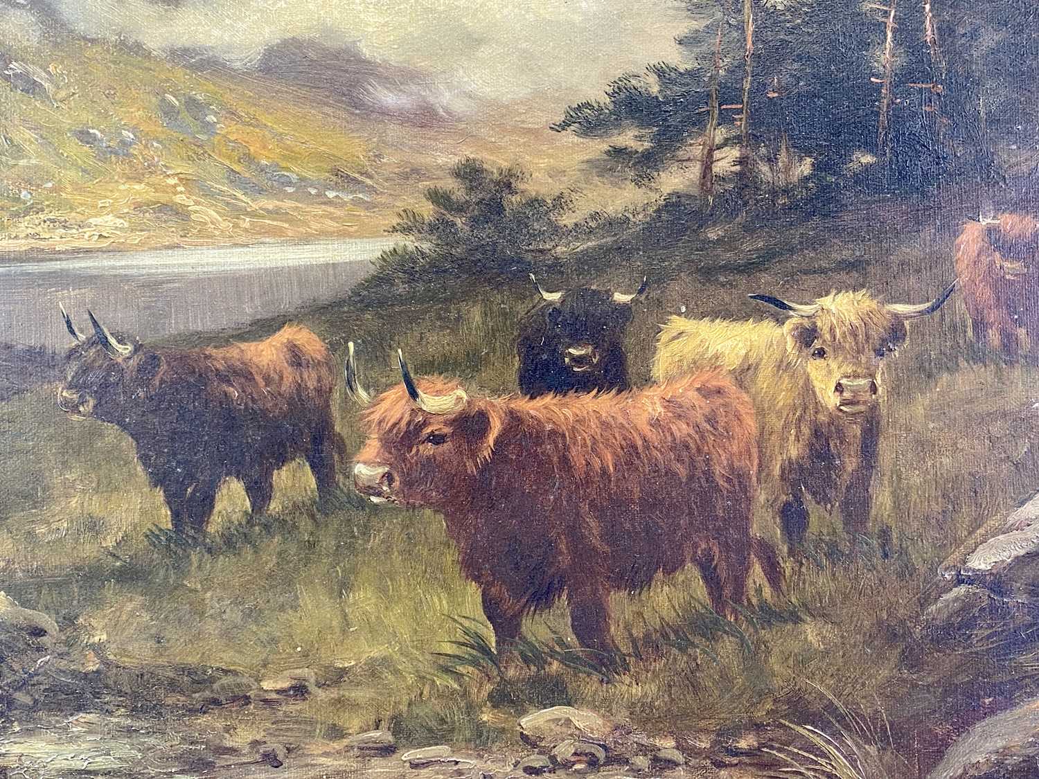 WILLIAM ?????? indistinctly signed oil on canvas - highland cattle at water's edge and dramatic - Image 3 of 3