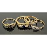 9CT GOLD GEM SET RINGS (4) - to include a half eternity ring having a single row of diamonds and