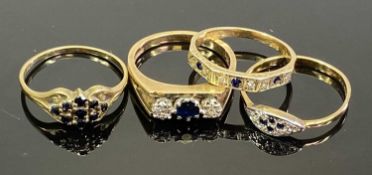 9CT GOLD GEM SET RINGS (4) - to include a half eternity ring having a single row of diamonds and