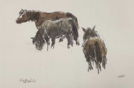 SIR KYFFIN WILLIAMS- OBE- RA, print - three horses, signed and initialled in pencil, 25 x 35cms