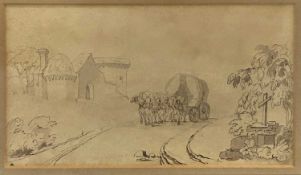 PEN & WATERCOLOUR SKETCH late 18th/early 19th century - wagon and horses on a country lane with