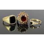 9CT GOLD RINGS (3) - gent's black stone signet ring, size mid V-W, Sweetheart ring having a heart