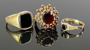 9CT GOLD RINGS (3) - gent's black stone signet ring, size mid V-W, Sweetheart ring having a heart