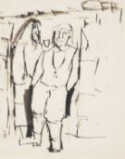 ‡ JOSEF HERMAN OBE RA pen and ink - entitled verso 'Man and Woman in Doorway', circa 1940-43, 24 x