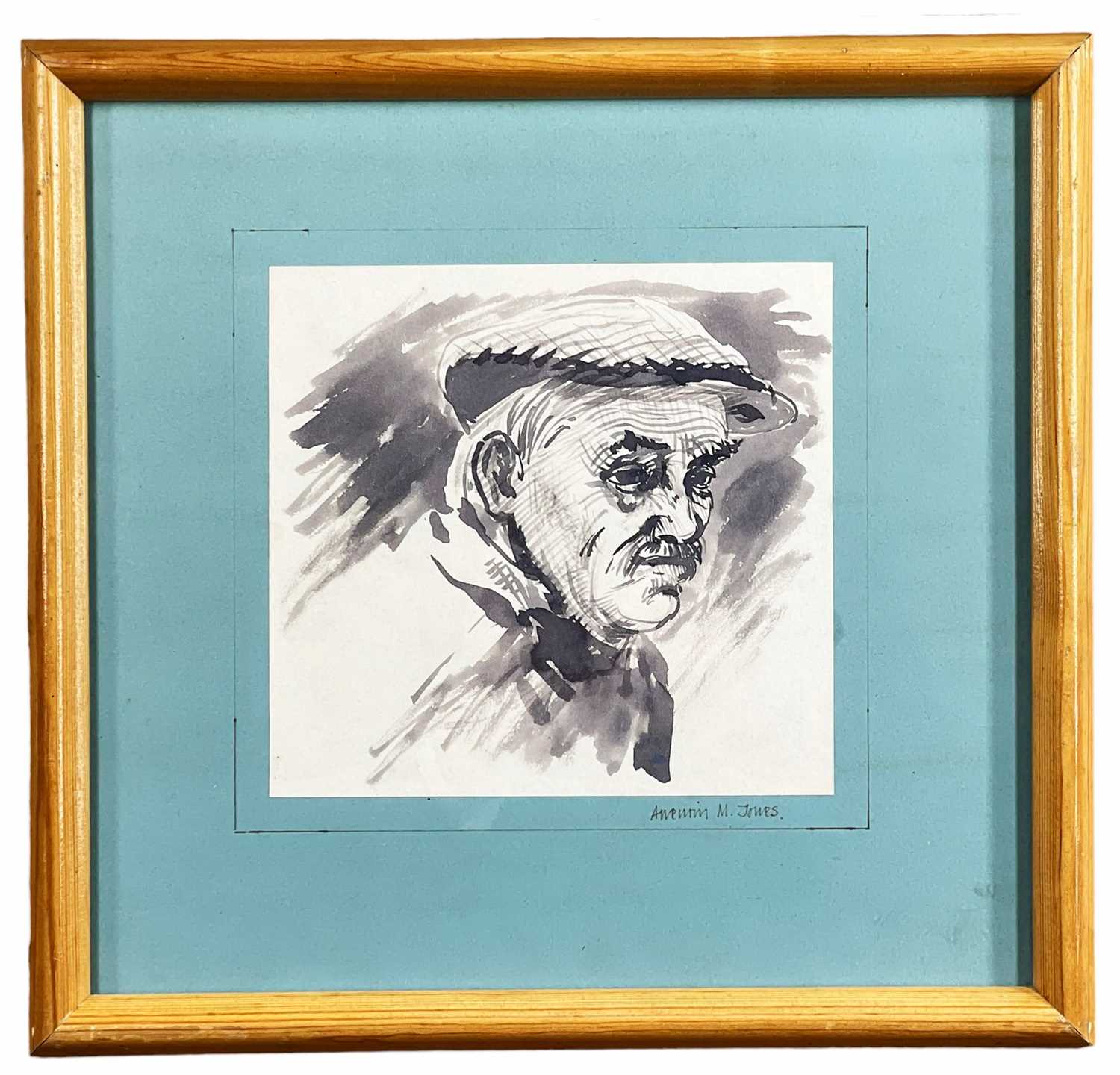 ‡ ANEURIN JONES pen & wash - head and shoulders portrait of farmer, signed to mount, 16 x 17cms - Image 2 of 2