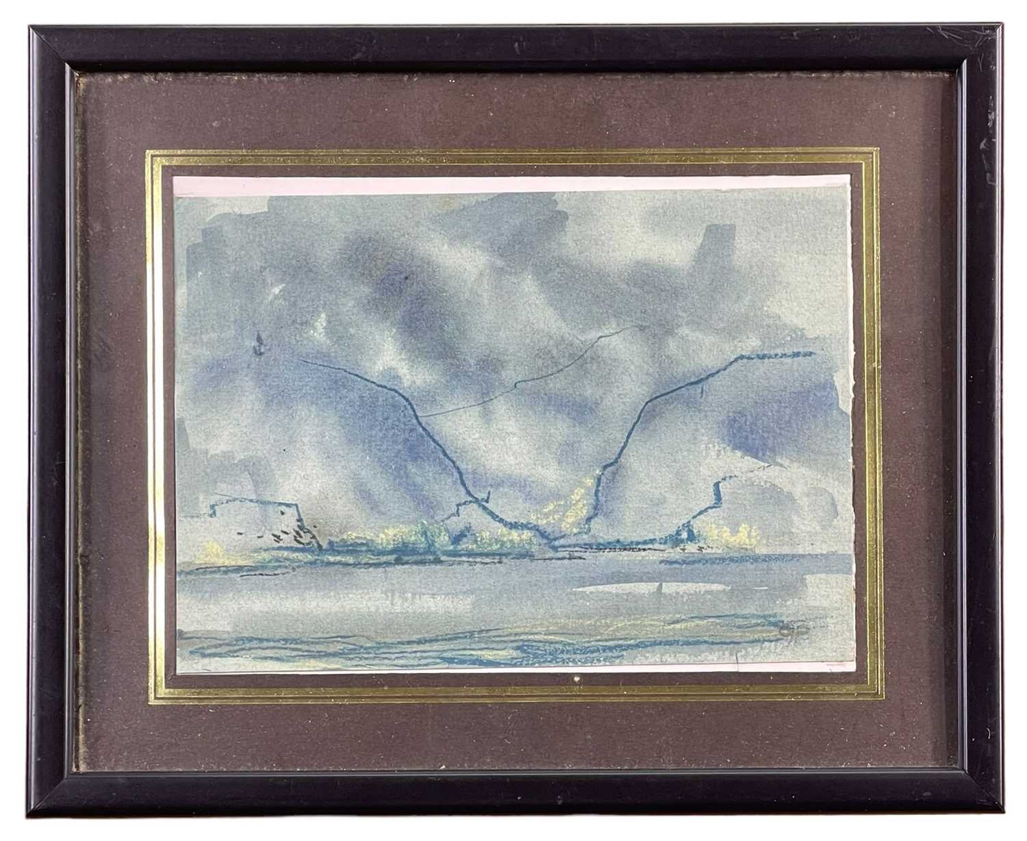 ‡ GWILYM PRICHARD mixed media on paper - grey lake with distant buildings, signed with initials, - Image 2 of 2