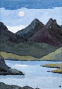 ‡ DAVID BARNES oil on canvas - moonlit lake, Eryri (Snowdonia) signed with initials, 39 x 28cms