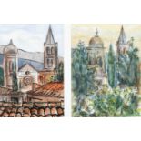 ‡ KAREL LEK MBE watercolours, a pair - entitled verso, 'Tuscan Village, a View From a Hill' & a '