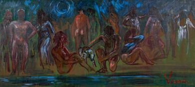 ‡ ANDREW VICARI oil on board - nude figures around a pool, 'Midnight Bathers, Monaco', signed, 48